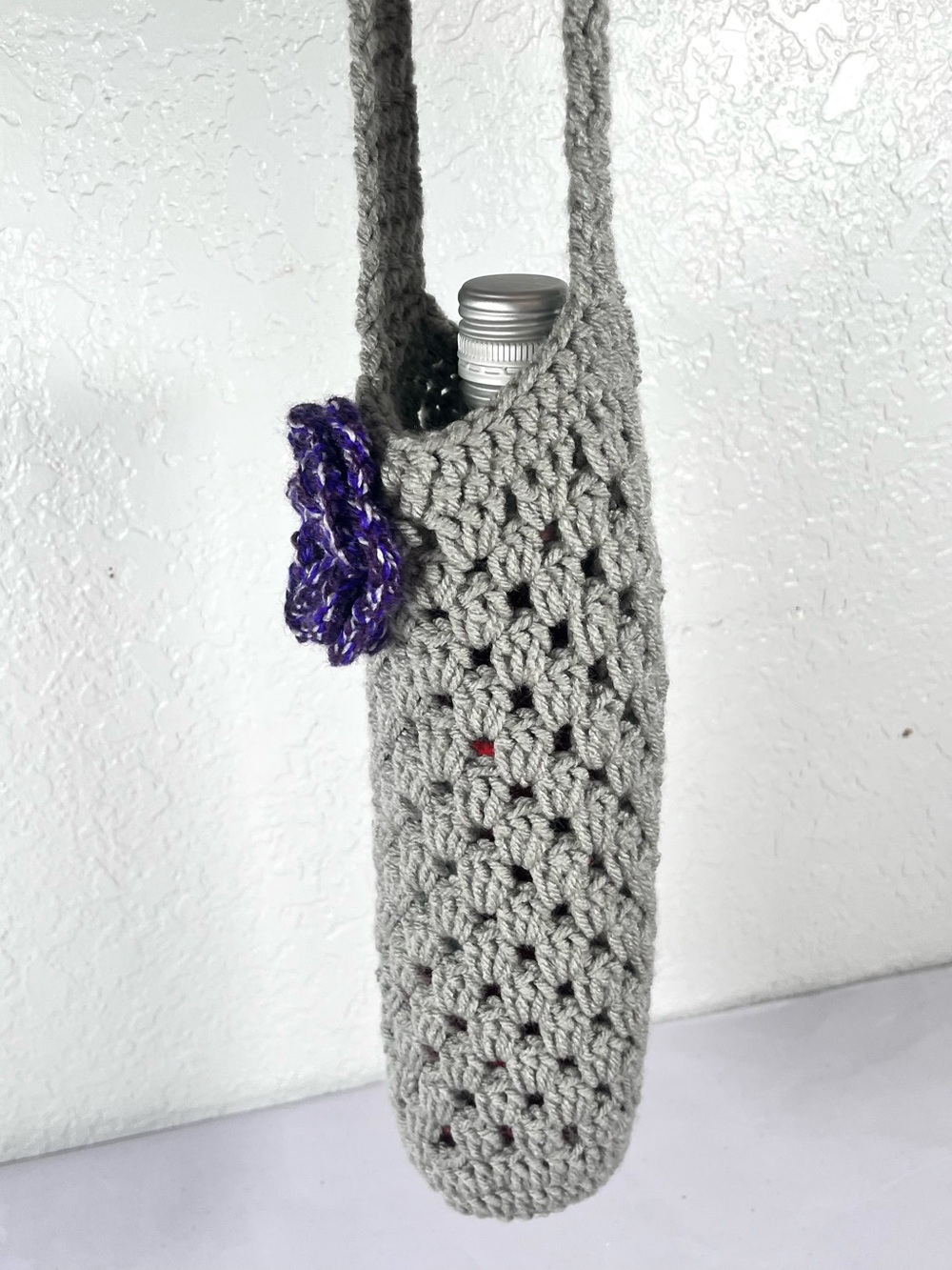 Gray Crochet Wine Bottle Carrier with Purple Flower - Picture 4 of 5